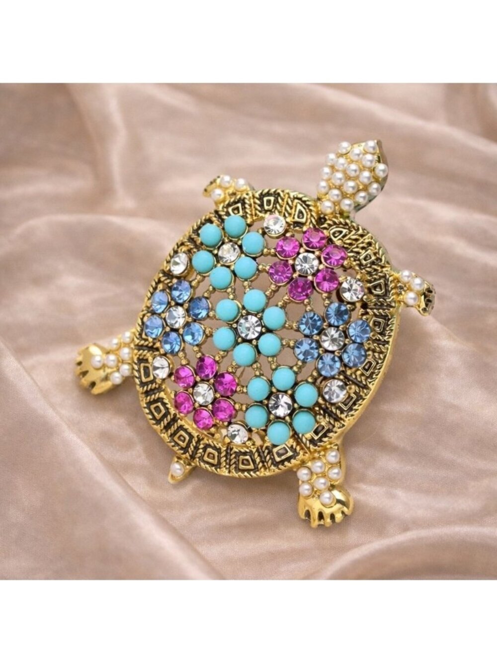 Whimsical Turtle Sparkling Multicolor Crystal Statement Brooch